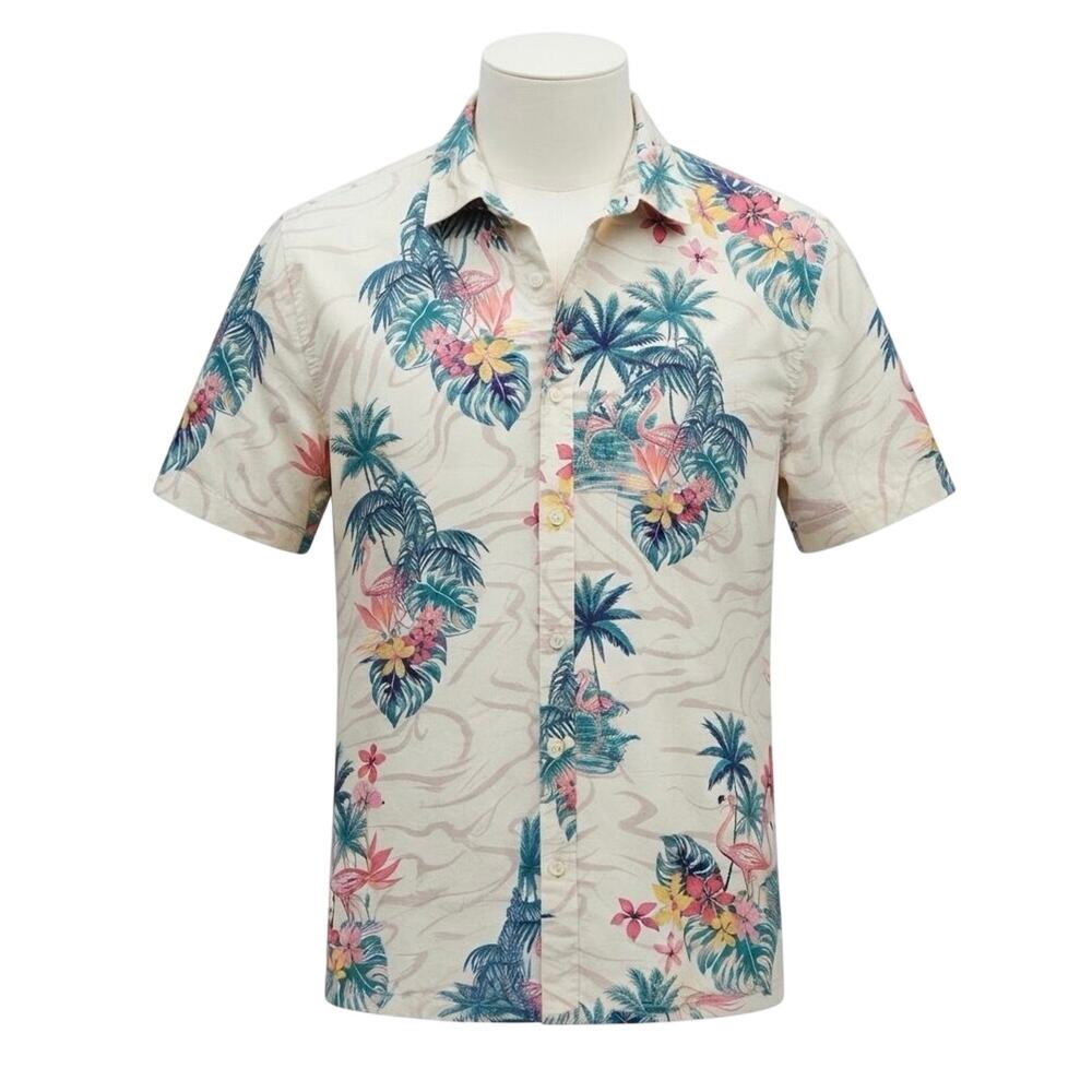 American Eagle Mens XL Tropical Flamingo Palm Button Down Short Sleeve Shirt